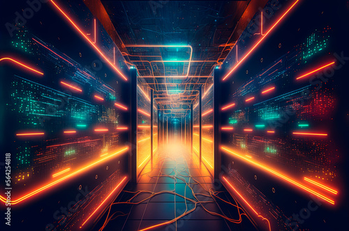 data center room with mainframe storage servers, cloud network concept, hosting databases and internet, generative ai photo