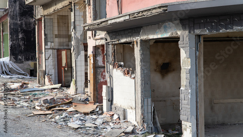 Israel Palestine war. War debris in a city after bombardment. War in middle east