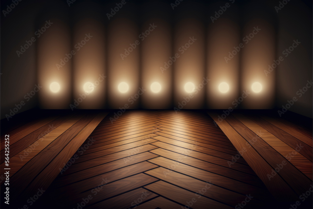 room with abstract wooden floor lit by lights on background wall room with abstract wooden floor lit by lights on background wall