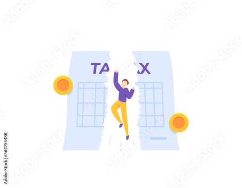 tax free and withholding tax. an entrepreneur is happy because he is free from paying taxes. torn tax report. illustration concept design. graphic elements