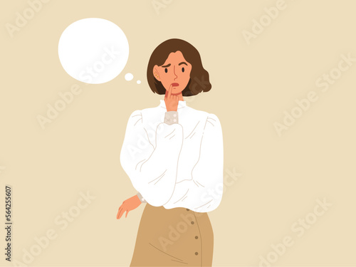 Young office female with curious or pensive face standing with thought bubble. Concept of thinking, decision, business problem solving, considered gesture. Flat vector illustration. Person character.