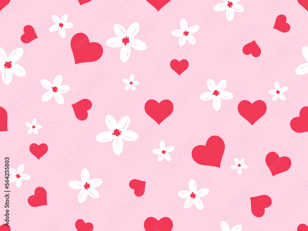 Seamless pattern with hearts and white flower on pink background vector illustration.