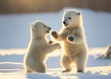 Zwei junge Eisbären spielen glücklich im Schnee. Symbol für das Leben in der Arktis am Nordpol. Eisbären im Lebensraum - KI generiert