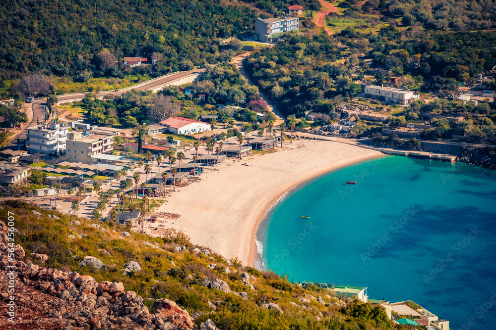 Obraz premium Aerial summer view of Jale Baech. Bright morning scene of Albania, Europe. Attractive summer seascape of Adriatic sea. Vacation concept background..
