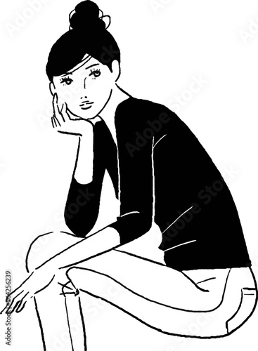 肘をついて考える女性の線画