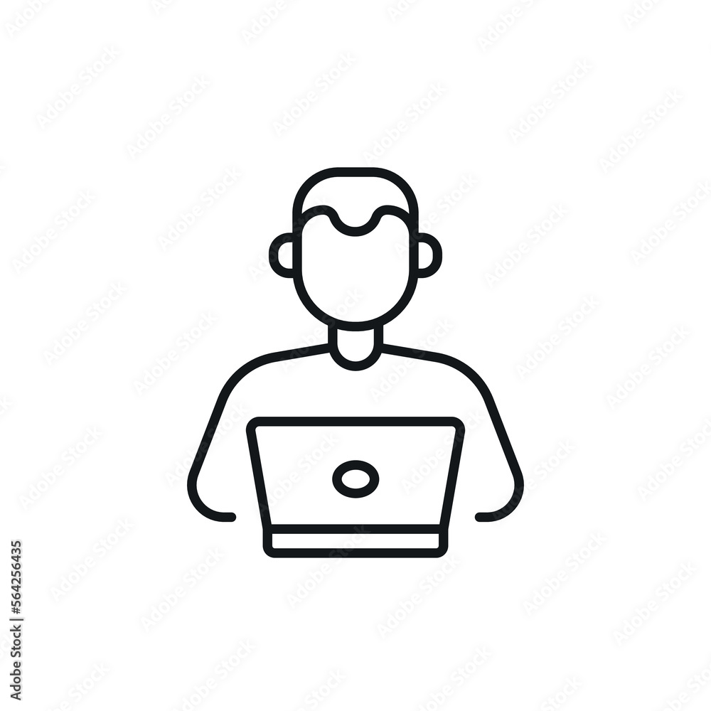 Man freelancer works on a laptop at home linear icon. Freelance. Remote work. Thin line customizable illustration. Contour symbol. Vector isolated outline drawing. Editable stroke Man freelancer works on a laptop at home linear icon. Freelance. Remote work. Thin line customizable illustration. Contour symbol. Vector isolated outline drawing. Editable stroke