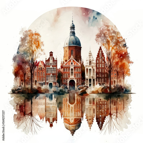Watercolor landscape of Amsterdam, Netherlands, scenery town on watercolor paper texture background.