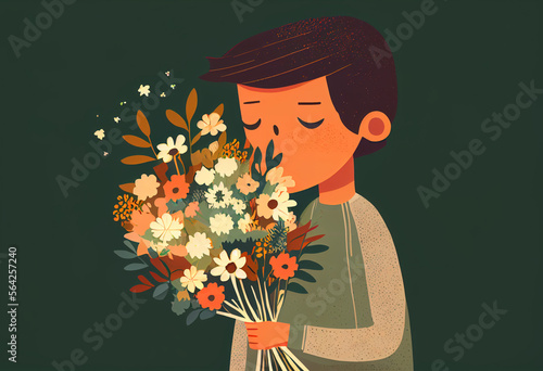 Boy, tinager with beautiful bouquet of flowers..