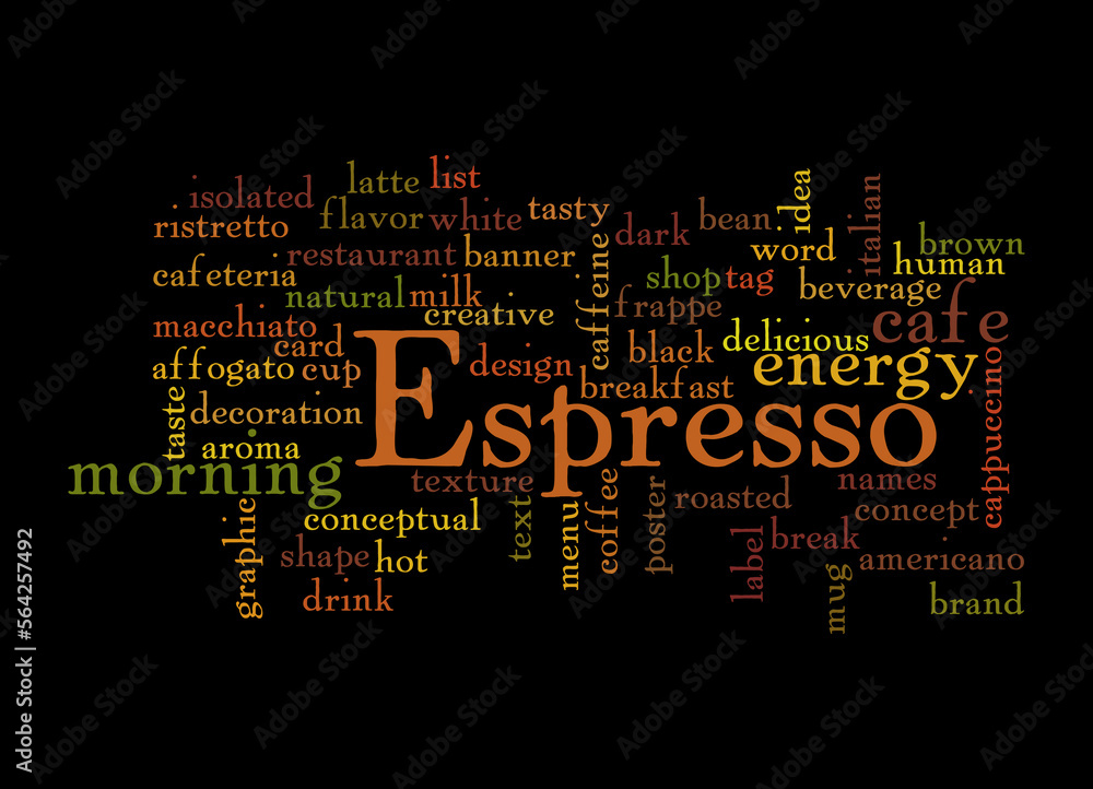 Word Cloud with ESPRESSO concept, isolated on a black background