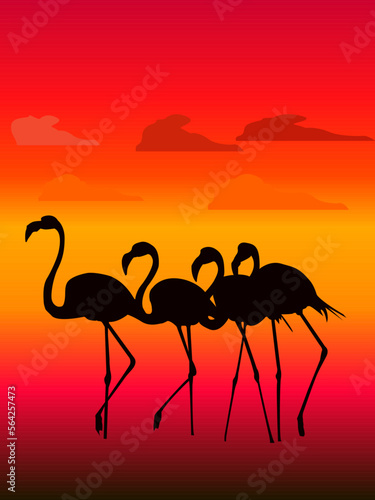 vector illustration in sunset tones depicting the silhouettes of a flock of flamingos for printing on cards, covers, banners and other illustrations