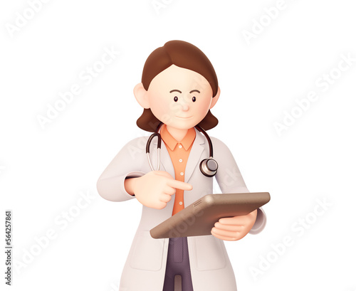A 3D illustration of a female doctor recording with a pen on the chartboard.