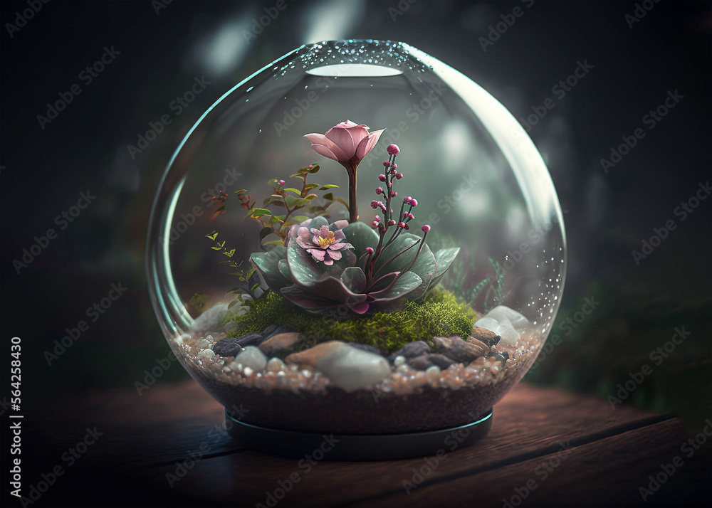 Atemberaubend schöne Terrarium super realistische natürliche Blume mit einem natürlichen Licht im Glas - obrazy, fototapety, plakaty 