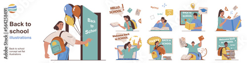 Back to school concept with character situations collection. Bundle of scenes people go to class, pupils reading books, learning at lessons, students studying. Vector illustrations in flat web design