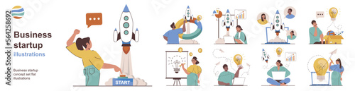 Business startup concept with character situations collection. Bundle of scenes people analyze company data, create success strategy and plan, launch businessy. Vector illustrations in flat web design