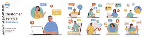 Customer service concept with character situations collection. Bundle of scenes people answer calls and messages, find solutions to problems, consult online. Vector illustrations in flat web design