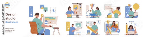 Design studio concept with character situations collection. Bundle of scenes people designers create digital content and elements for sites, creative projects. Vector illustrations in flat web design