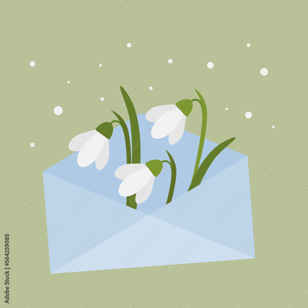 Snowdrops in an envelope. Light background with spring flowers.
