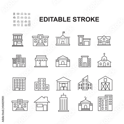 Simple Set Of Building Related Vector Outline Icons. Contains Icons such as Places of worship, Schools, Medical Hospitals, and more.