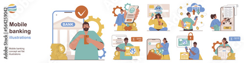 Mobile banking concept with character situations collection. Bundle of scenes people using bank application for money control, making transactions and payment. Vector illustrations in flat web design