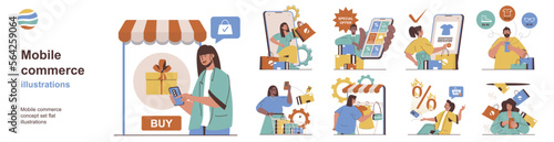 Mobile commerce concept with character situations collection. Bundle of scenes people shopping online using apps, choosing products, buying with discounts. Vector illustrations in flat web design