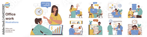 Office work concept with character situations collection. Bundle of scenes people collaborating and completing tasks, doing paperwork, discussing projects. Vector illustrations in flat web design