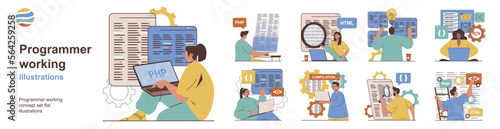 Programmer working concept with character situations collection. Bundle of scenes people work with code, create programs and software, work in IT company. Vector illustrations in flat web design