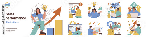 Sales performance concept with character situations collection. Bundle of scenes people analyze graphs data, increase business profits and commercial success. Vector illustrations in flat web design
