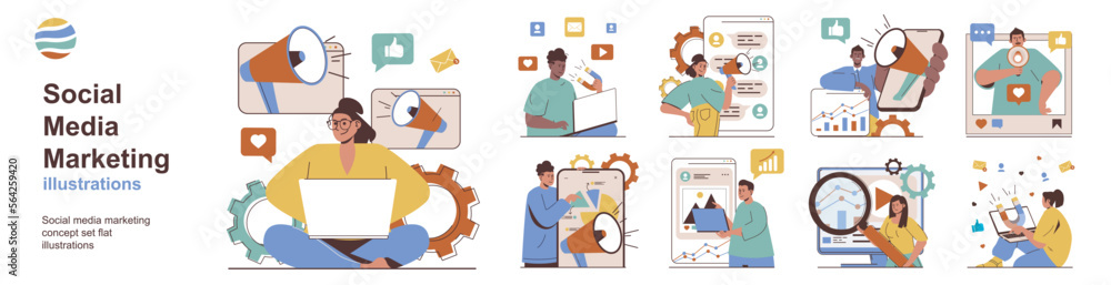 Social media marketing concept with character situations collection ...