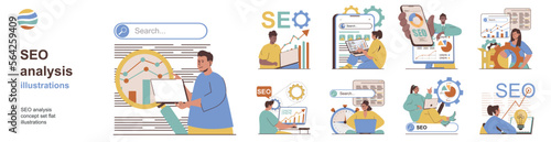 Seo analysis concept with character situations collection. Bundle of scenes people study and optimize search query metrics, keywords and website traffic. Vector illustrations in flat web design