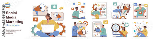 Social media marketing concept with character situations collection. Bundle of scenes people analyze market, create promotion strategy, make ads for business. Vector illustrations in flat web design