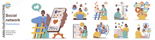 Social network concept with character situations collection. Bundle of scenes people use mobile applications for communicate online in chats and messengers. Vector illustrations in flat web design