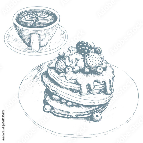 Hand drawn cafe latte and fruity pancake sketch vector illustration.