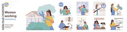 Women working concept with character situations collection. Bundle of scenes people work gardener, data analyst, cleaner, dentist, builder, designer and other. Vector illustrations in flat web design