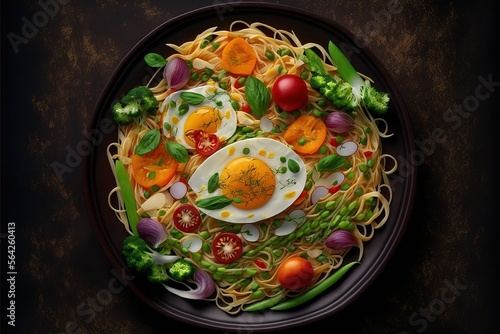 egetarian Asian egg noodle salad with seasonal vegetables close-up in a plate. Vertical top view