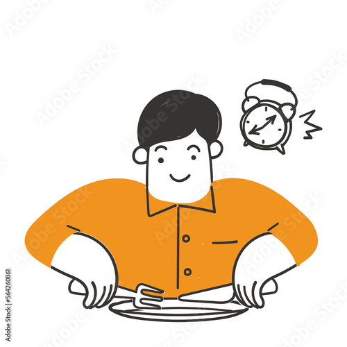 hand drawn doodle people holding cutlery and thinking clock time illustration