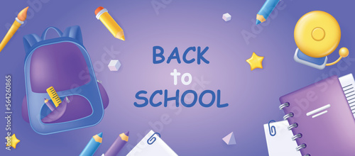 Back to school banner in 3d realistic modern design. Pupil schoolbag with pen and ruler, pencils, brushes, stationery, notebooks and bell at horizontal template poster. Vector illustration for web