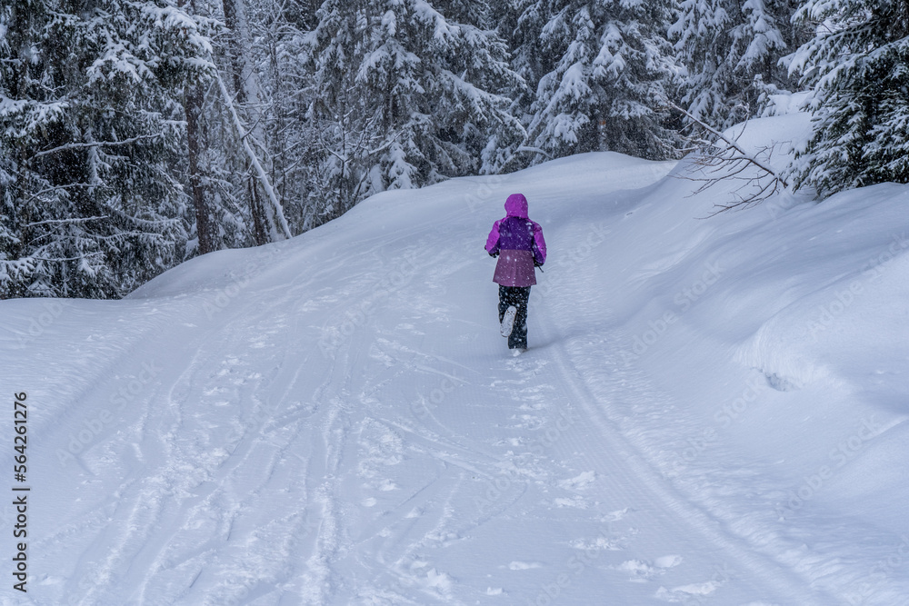 A girl in a purple ski suit runs away in the winter snowy forest. High quality photo