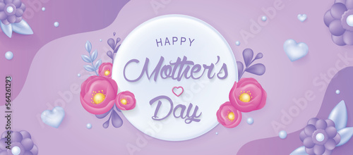 Happy mother day banner in 3d realistic modern design. Pink and purple elegant flowers with hearts and plants, springtime holiday elements at horizontal template poster. Vector illustration for web