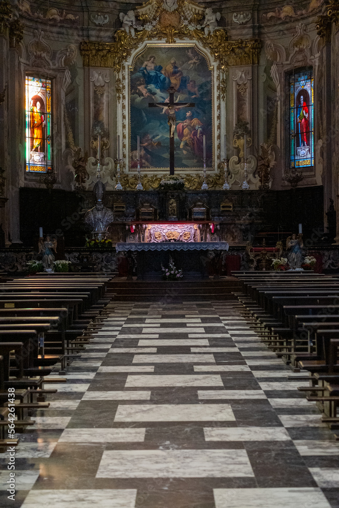 Interior of church with altar at the end of the nave