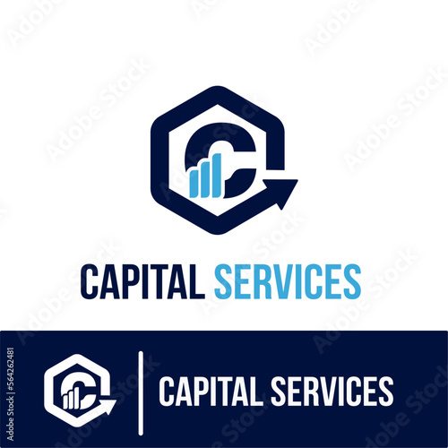 Initial C Letter with Bar Chart and Up Growing Arrow for Finance, Capital Business Services Logo Idea Template