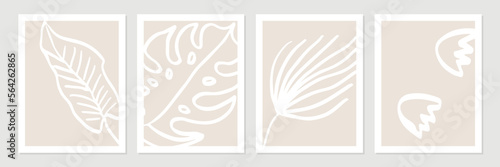 Set of abstract tropical organic shapes, leaves, lines and textures in white on neutral nude and beige background.