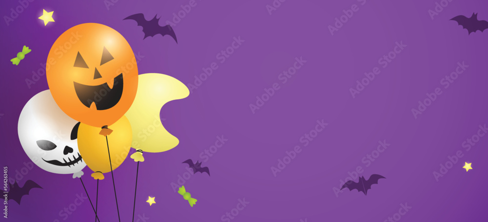 Halloween decorative inflatable balloons background banner vector. Inflatable pumpkin and skeleton balloons on a purple background with candies and flying bats.