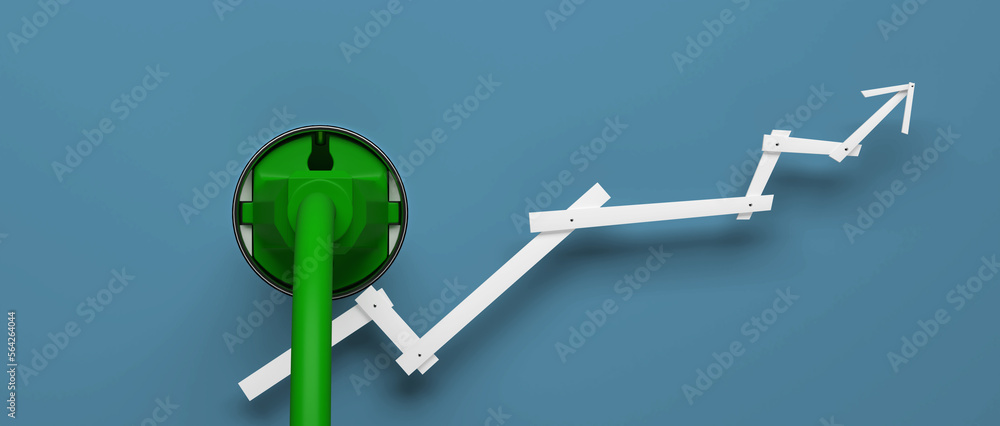 Power plugs with rising arrow in front of background - 3D Illustration Power plugs with rising arrow in front of background - 3D Illustration