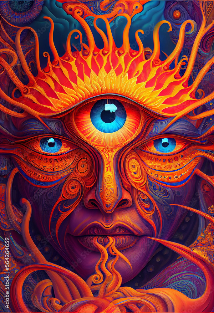 Goddess illustration of psychedelic art. The sun and face of goddess. Surreal art. Mythology illustration. Generative AI.