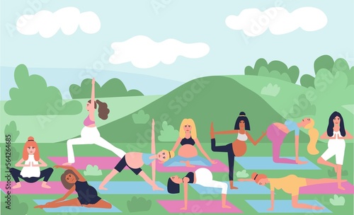 Yoga class outdoors flat color vector illustration. Prenatal yoga in park. Pregnant women 2D cartoon characters with landscape on background © Екатерина Рушева