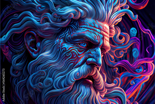 Zeus illustration of psychedelic art. Surreal art. Mythology illustration. Generative AI. Horizontal.