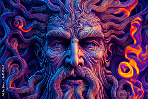 Zeus illustration of psychedelic art. Surreal art. Mythology illustration. Generative AI. Horizontal.