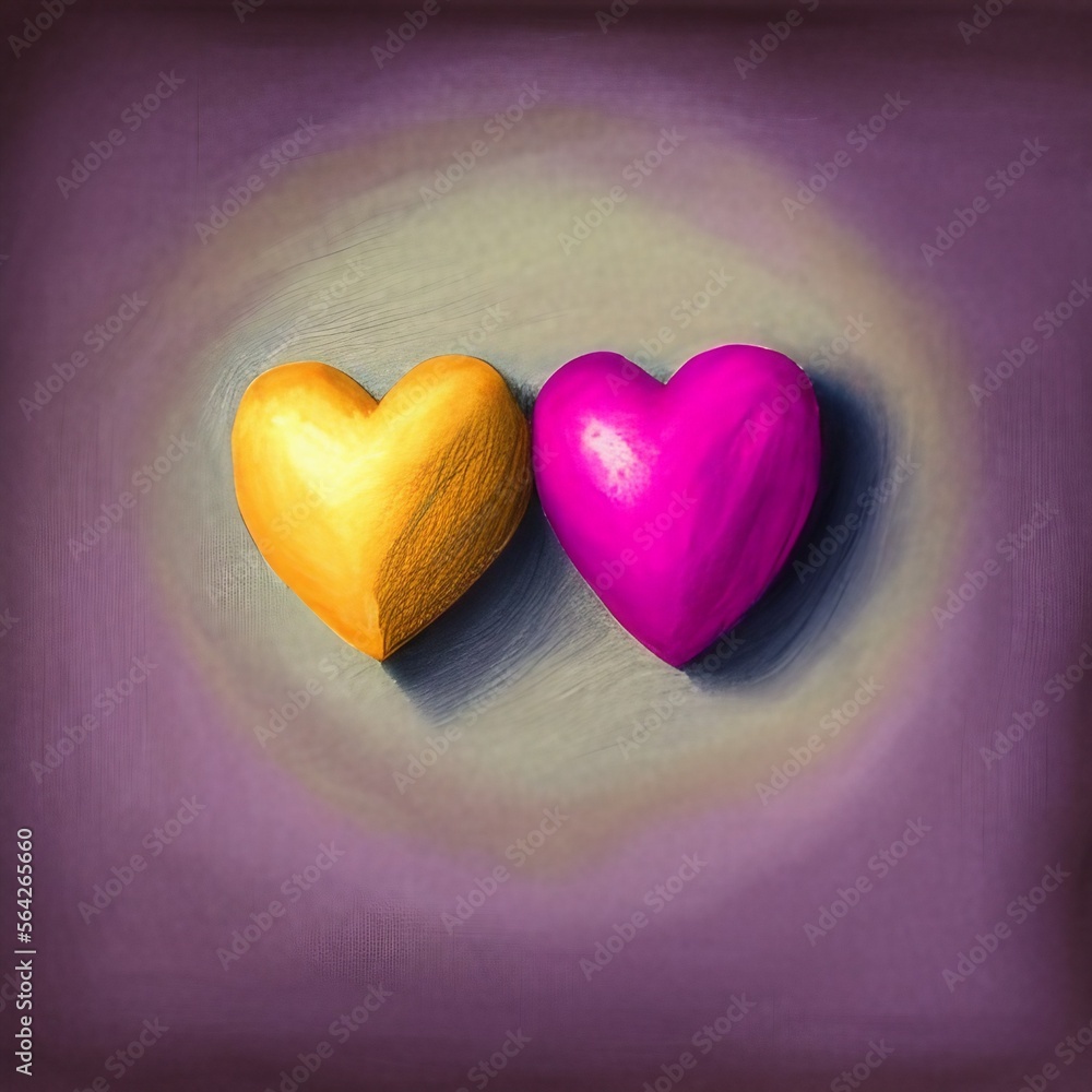 Fototapeta premium Deux coeurs pastels rose et jaune accolés, entourés d'un halo de lumière sur fond mauve.