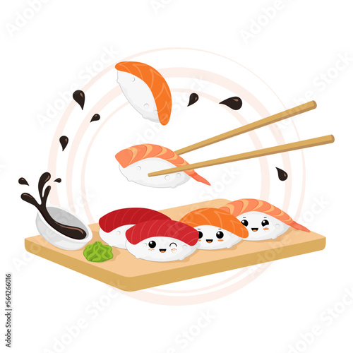 Kawaii sashimi characters set with soy sauce, chopsticks and wasabi in flat design
