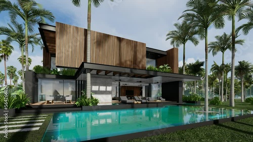 4K video rendering of modern cozy house with parking and pool for sale or rent with wood plank facade by the sea or ocean. Sunny day by the coast with palm and flowers in tropical island Fly-walk